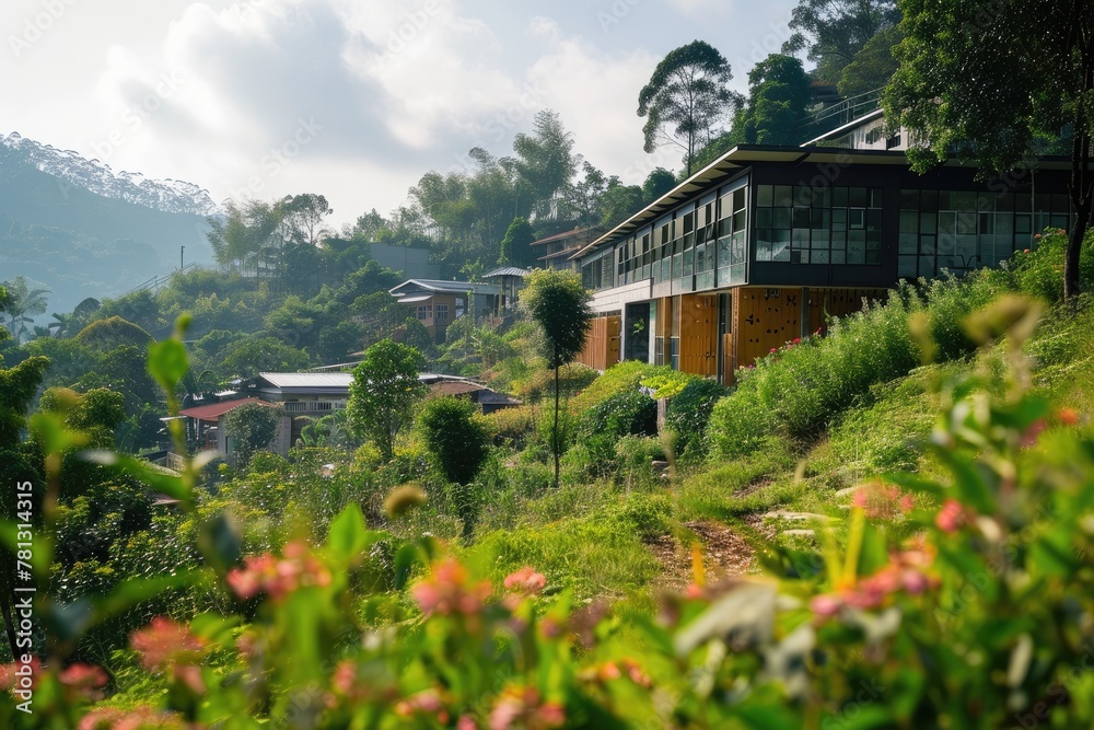 An eco-friendly school building blending into a lush landscape, eco-friendly school building,  AI generated