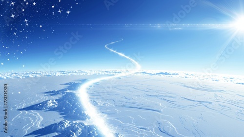 Pristine Snowy Landscape with Glistening Sun and Starry Sky.