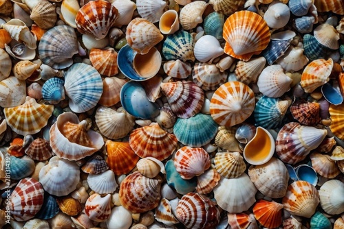 Colorful seashells in a big pile spread out  shells background