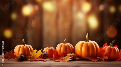 Autumnal Pumpkin Display on Wooden Table with Warm Backdrop