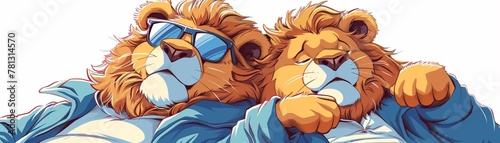 Cartoon of two lions snuggled together, wearing beach clothes and sunglasses, basking in the sun, exuding warmth and cuteness