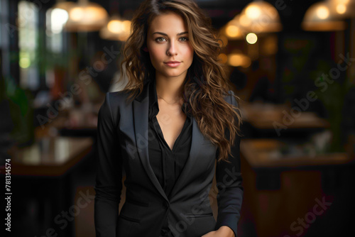 A female executive showcasing professionalism in the perfect suit, captured in high definition while standing in her office against a solid background.