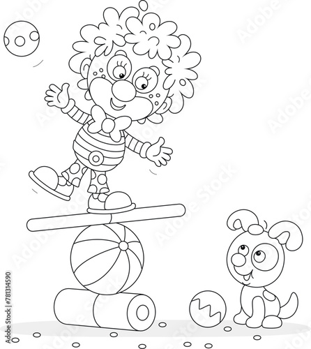 Funny curly-headed clown equilibrist playing with his small pup and balancing on a ball, board and cylinder in a fun circus performance, black and white vector cartoon illustration for a coloring book