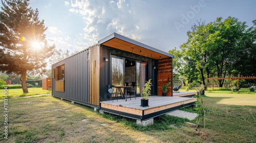 Modern shipping container house home, tiny house in sunny day. Shipping container houses is sustainable, eco-friendly living accommodation or holiday home, Generative Ai © Nakron