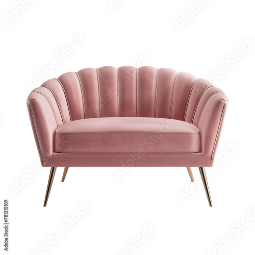 Vintage 70s style pink velour sofa on transparent background