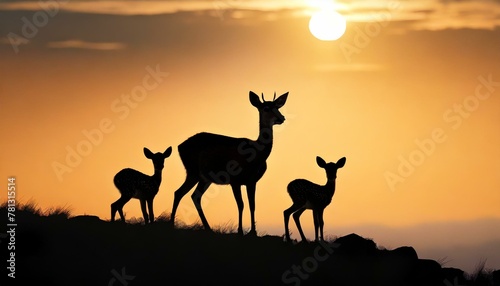Variety of deer species in a tranquil evening scene, grazing on a hill with an orange sunset