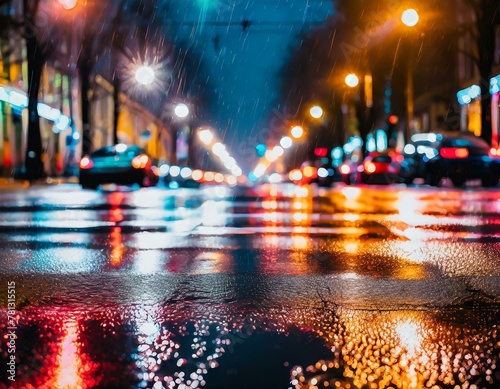 The glistening asphalt of a city boulevard under a gentle rain, with the colorful bokeh of car headlights and street lamps reflecting on the wet surface, creating a kaleidoscope of light.