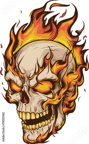 skull in fire flames illustration in vintage style. Fire burning skull clip art
