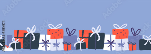 Gift boxes border, seamless horizontal illustration, giveaway banner, simple hand drawn doodle wrapped presents vector