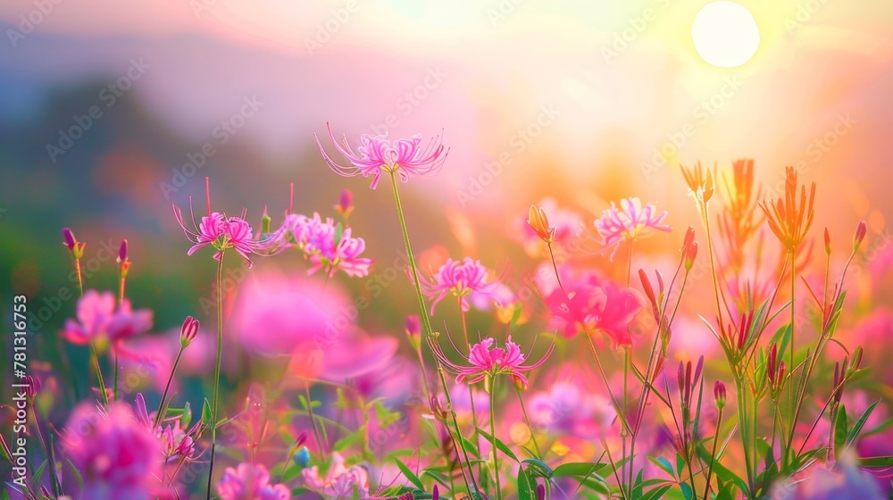 Fototapeta premium Field of wildflowers bathed in sunlight