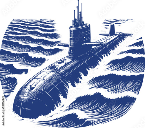 submarine sailing from above on the waves vector drawing engraving