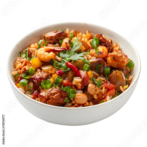 Creole jambalaya with rice, chicken meat and vegetables on plate on transparent background