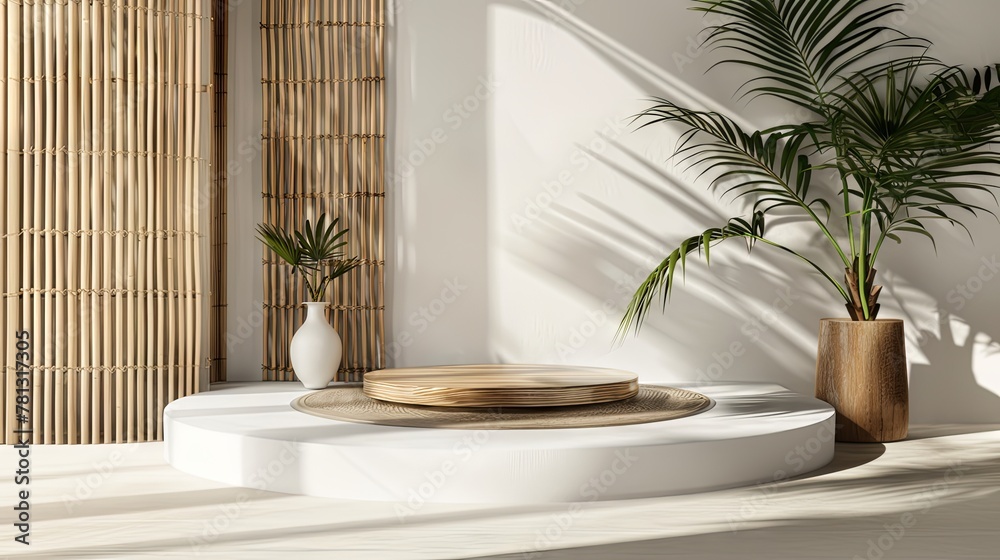Beautiful round wooden empty podium with space for a product with plant elements Beautiful round wooden empty podium with space for a product with plant elements
