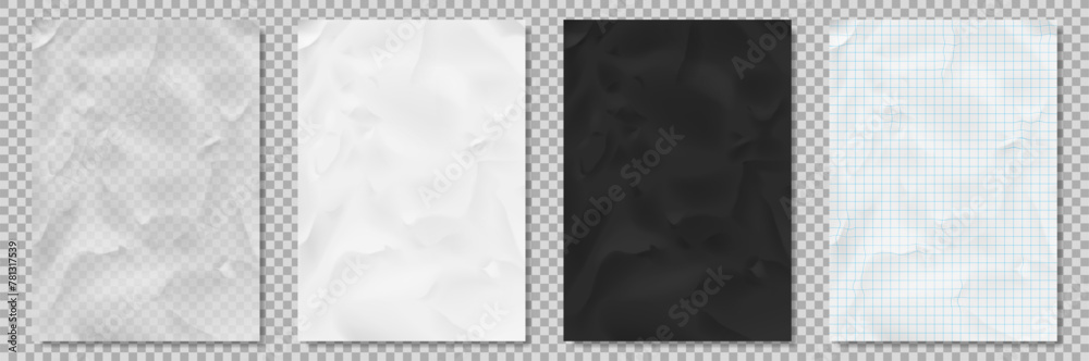 Vector crumpled paper sheets. Transparent, white, black and notebook sheets. Set of realistic empty sheets of paper isolated on checkered background. Vector illustration.