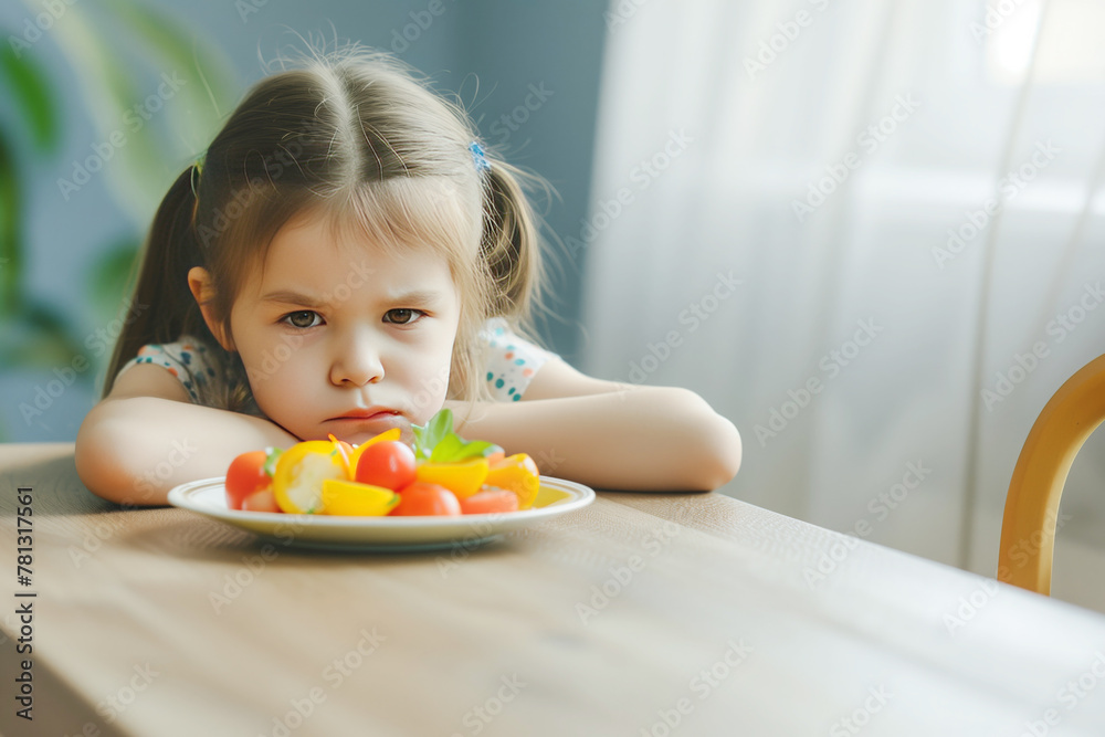 Adorable girl shows aversion to fresh salad Adorable girl shows aversion to fresh salad