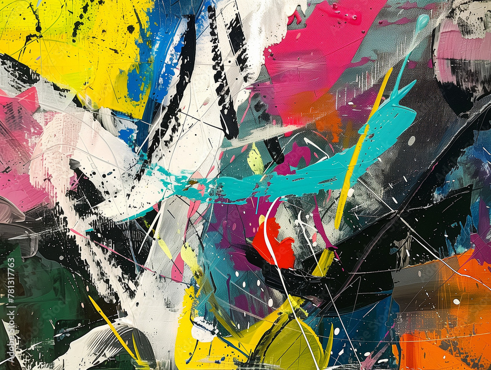 Fototapeta premium Abstract expressionist artwork with spontaneous vibrant pink, black, turquoise, yellow brush strokes.