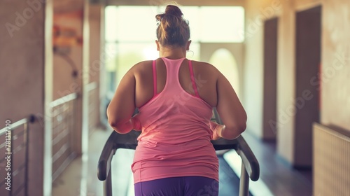 Back view of a fat woman wearing a pink sports jersey running on a treadmill in the gym. The concept of weight loss and a healthy lifestyle