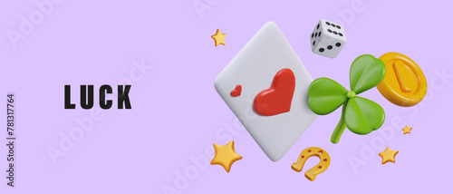 Horizontal poster with 3D playing card, dice, coin, shamrock, golden horseshoe, star