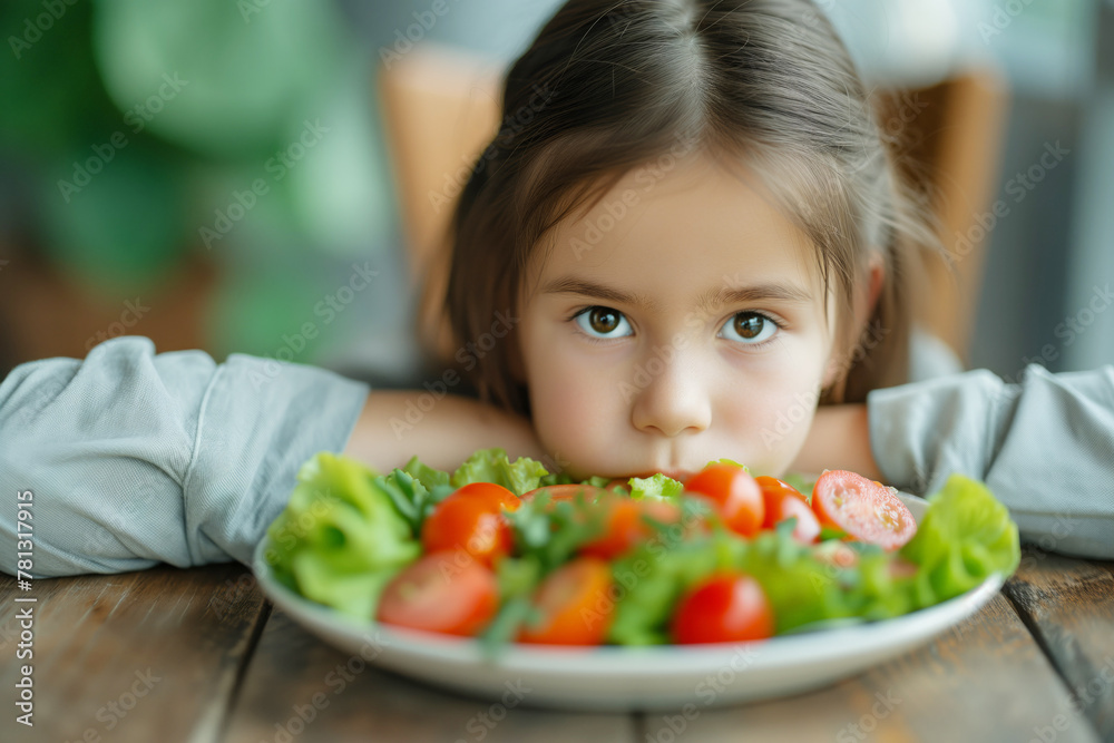 Portrait of little girl expressing disgust at salad Portrait of little girl expressing disgust at salad