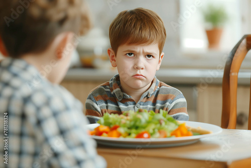 Disgruntled boys refuse to eat nutritious salad at home in the kitchen