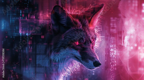 A cybernetic fox in an abstract cityscape, shifting shape in neon lights and pastel shadows. Blend of natural and digital realms.
