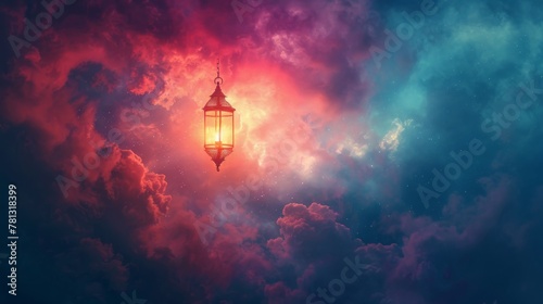 A lantern shines a guiding light through ethereal clouds towards heaven in a mysterious and minimalistic Pink Yarrow abstract background, embodying a prophecy. photo