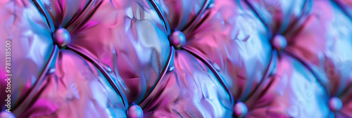 A close up of a pink and purple tufted leather texture with a mesh pattern resembling wire fencing, showcasing symmetry and circles in shades of violet and electric blue