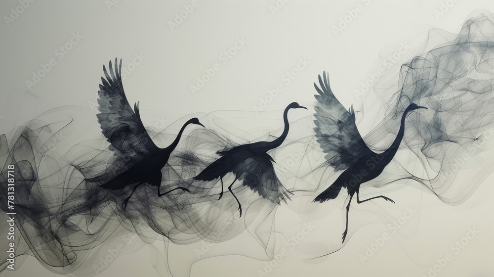 Three phoenixes intertwined in a graceful dance, set against a serene backdrop with a focus on negative space. Monochromatic and abstract, evoking a sense of rebirth and harmony.