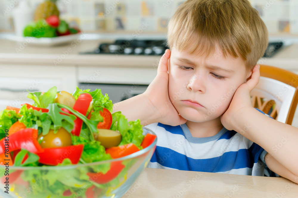 Little boy's face of disgust as he refuses to eat fresh salad Little boy's face of disgust as he refuses to eat fresh salad