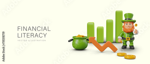 Cute financial literacy concept. Realistic leprechaun is standing next to bar chart