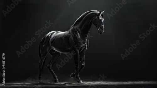Majestic Black Stallion Posing Elegantly on Dark Background.