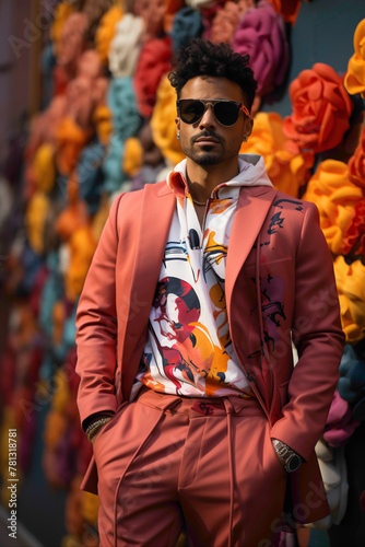 A fashion-savvy male enjoying the rhythm of the city, surrounded by vibrant street art and lively patterns that reflect the energy of his stylish presence.