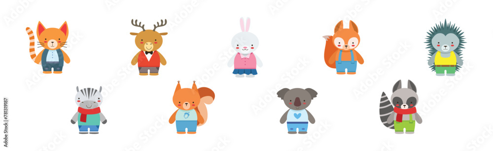 Naklejka premium Cute Animal Character Standing Wear Dress and Clothing Vector Set