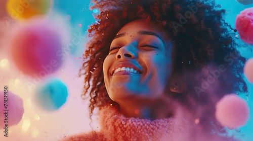 Joyful smiling black woman with curly hair enjoying a party. Various backgrounds and colors. Multicolored confetti. Joy of life and pleasant moments.