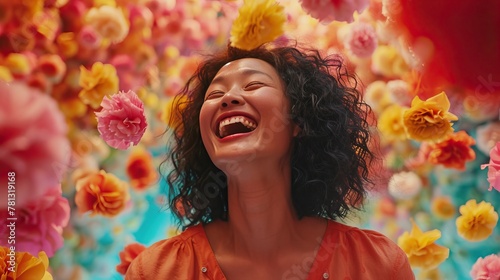 Wonder and Joy. Joyful smiling woman enjoying party. Multicolored confetti. Joy of life and pleasant moments.