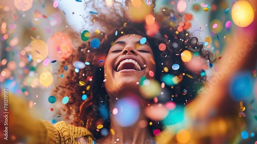 Joyful smiling black woman with curly hair enjoying a party. Various backgrounds and colors. Multicolored confetti. Joy of life and pleasant moments.