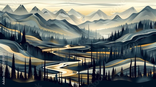 Serene Mountain Landscape with Winding Road at Twilight.