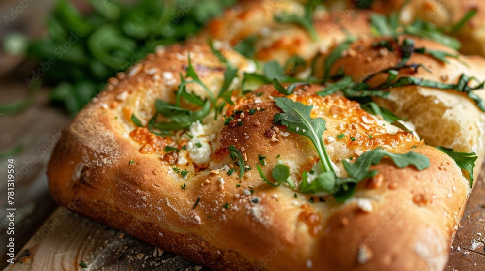 Bread topped with cheese and herbs
