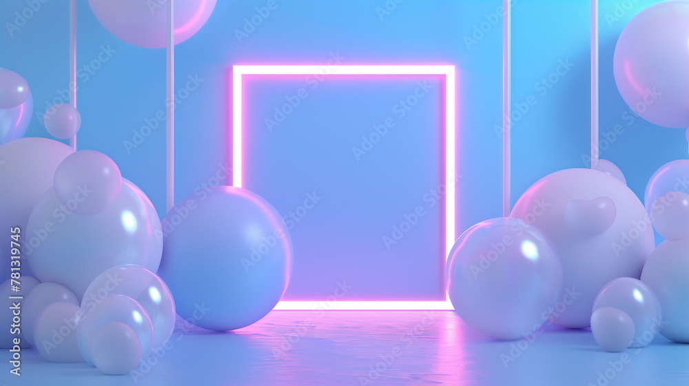 Festive Party Background with Neon Frame and Balloons in Pastel Tones Festive Party Background with Neon Frame and Balloons in Pastel Tones