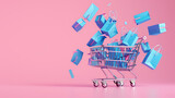 Shopping Spree Concept with Flying Bags and Cart on Pink Background