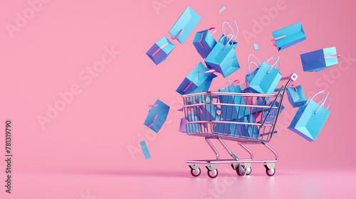 Shopping Spree Concept with Flying Bags and Cart on Pink Background