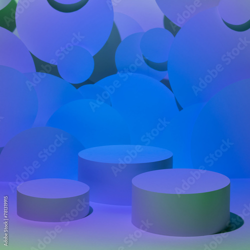 Abstract stage for presentation skin care products - three round podiums mockup in blue violet glowing light, bubbles fly decor. Template for showing cosmetics, displaying, vr black friday style. © finepoints