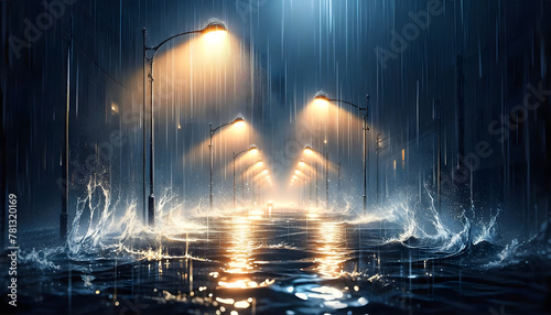 Pluie nocturne en ville: Lumière et réflexions urbaines sous l'orage photo