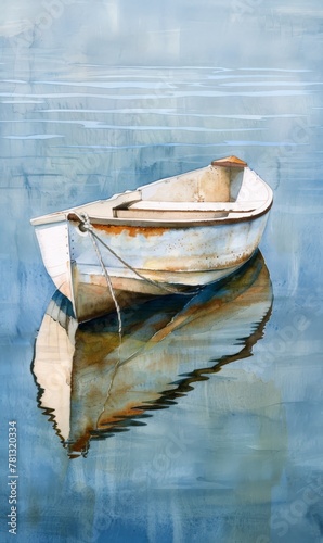 Watercolor painting of a gondola floating in the middle of a lake. Use for phone wallpaper, posters, postcards, brochures.