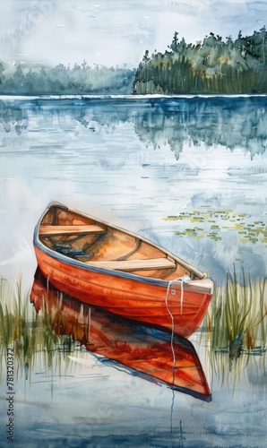 Watercolor painting of a gondola floating on a river. Use for phone wallpaper, posters, postcards, brochures.