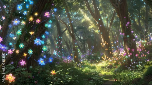 Enchanted Forest Scenery with Magical Glowing Flowers and Sunbeams.