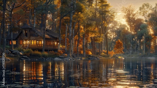 Tranquil Lakeside Cabin Nestled in Golden Autumn Sunset Amidst Towering Forest Trees Offering a Cozy Retreat for Weary Travelers