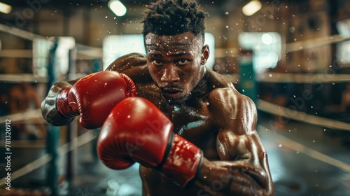 A boxer is in the ring with his gloves on and his face showing. Scene is intense and focused photo