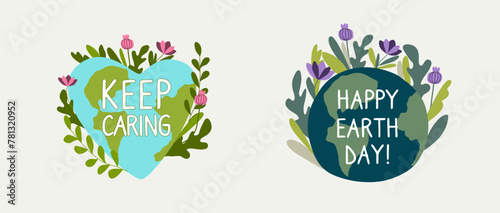 Earth day cards vector illustration set. Planet with green plants and flowers and text quotes. Design for poster, sticker, print, social media.