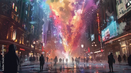 Colorful Explosion Transforming City Street into Magical Wonderland of Delight and Wonder